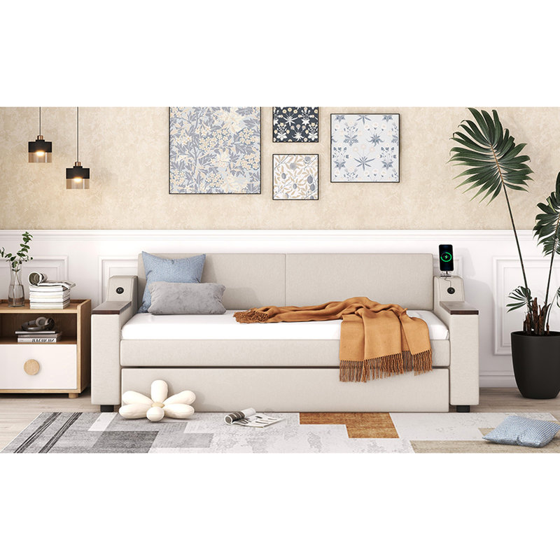 Lit de jour simple beige avec couchette de charge et de construction