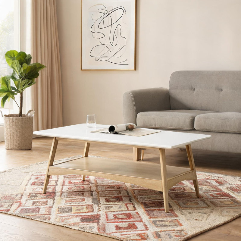 Table basse rectangulaire à deux tons avec tablette de rangement inférieure, finition blanche et aspect bois naturel, 48 pouces de largeur