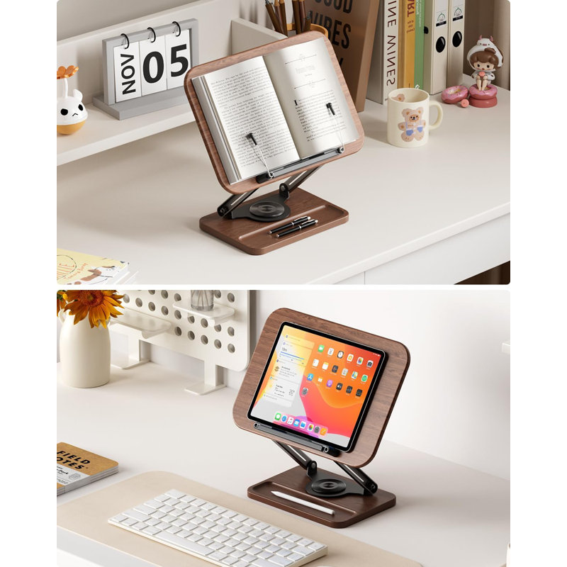 Support à livre pour lecture, base de livre pivotante à 360 ° avec fente pour stylo