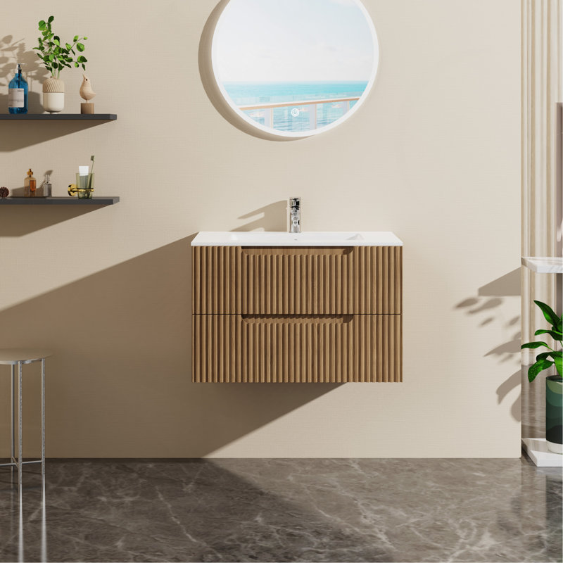 Ensemble de meuble-lavabo mural 30 po avec évier flottant, système de fermeture en douceur, 2 très grands tiroirs, noyer