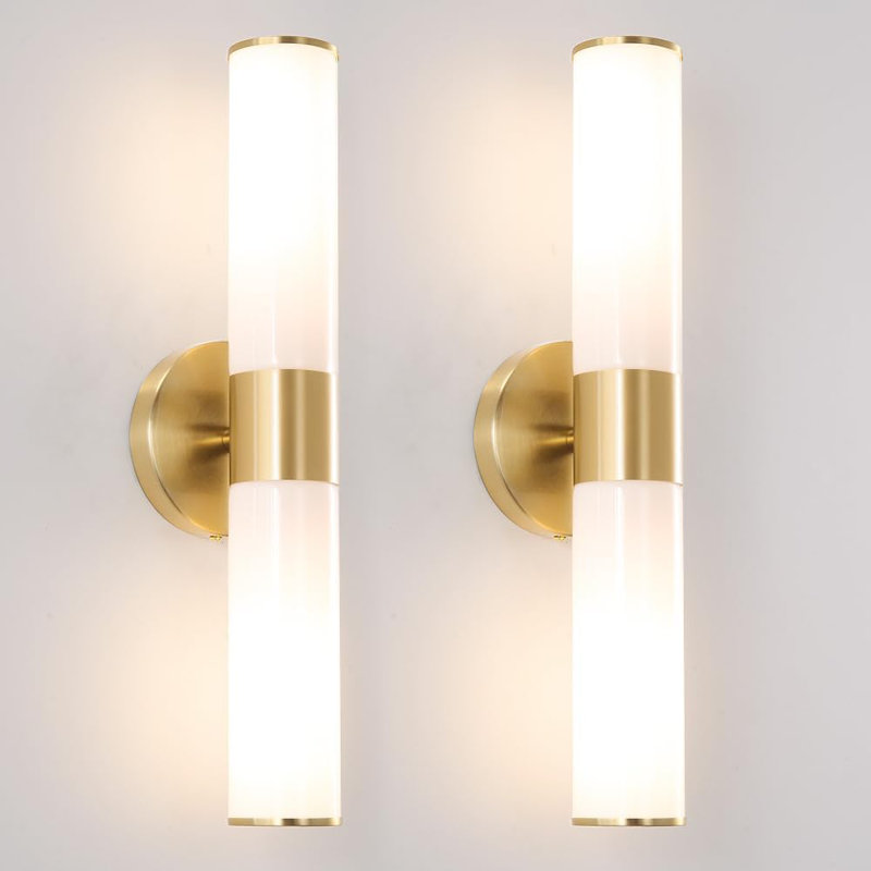 Modern Brass Wall Sconces With White Glass Shade, Set Of 2 Hardwired Vanity Lights For Bathroom Mirror, Living Room, Bedroom, Hallway, And Stairs