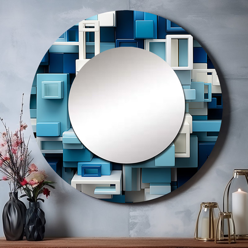 «Op Art Blue Geometric Focus», miroir mural rond, art décoratif imprimé, 29 po x 29 po