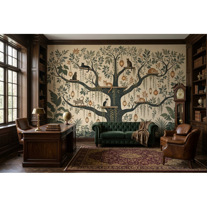 Papier peint botanique vert en forme de chat dans un arbre, 200 po x 120 po, Texturé non collé