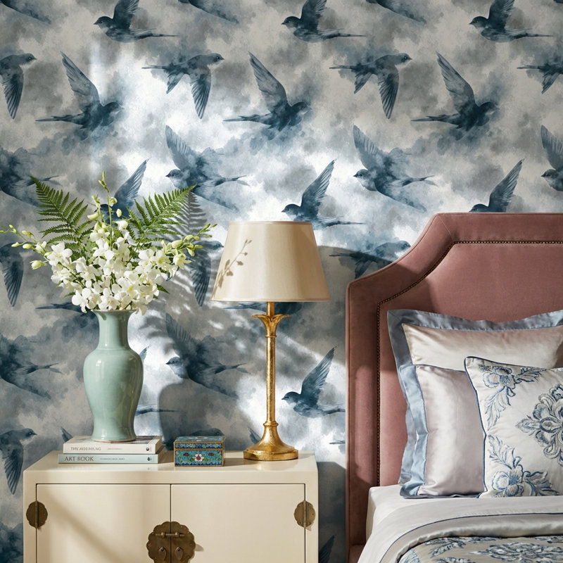 Papier peint oiseaux, vol, bleu, Peler et coller