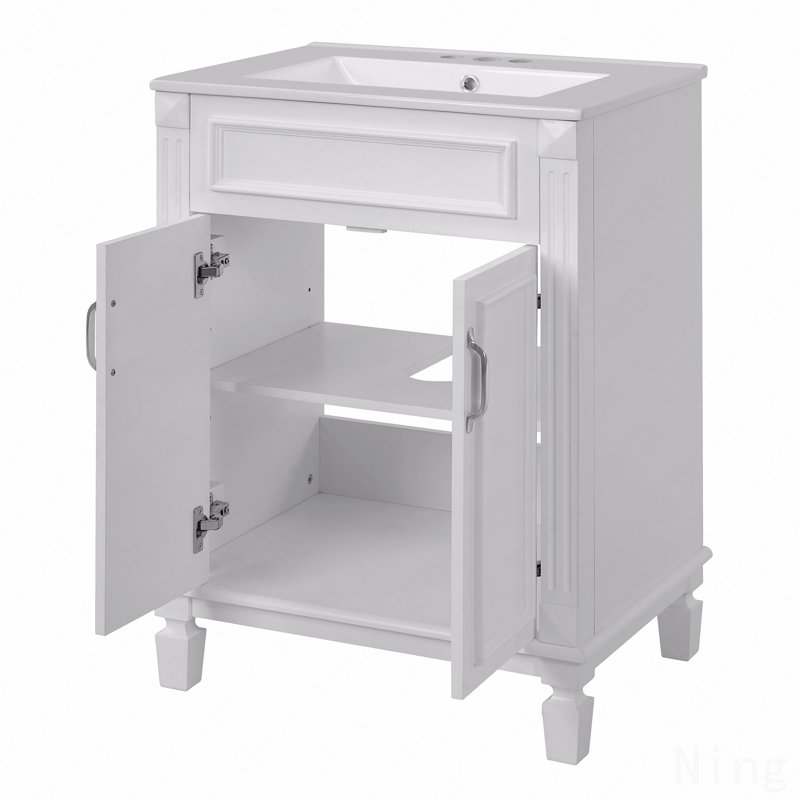 Meuble-lavabo 24 po avec lavabo supérieur, armoire de rangement moderne en bois massif, 2 portes à fermeture douce, tablette réglable