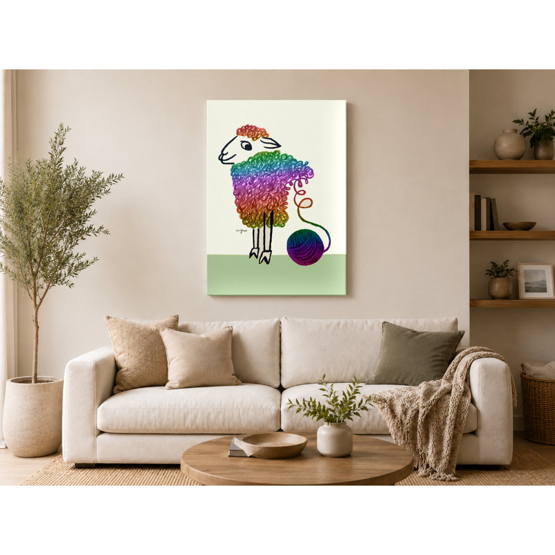 «Rainbow Sheep with Yarn Ball - Portrait, art mural sur toile, 11" W x 14" H