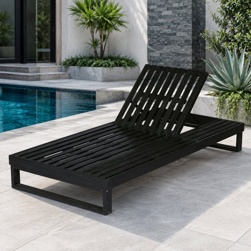 Chaise longue d'extérieur en bois d'acacia noir avec dossier réglable et surface de table d'appoint, Noir