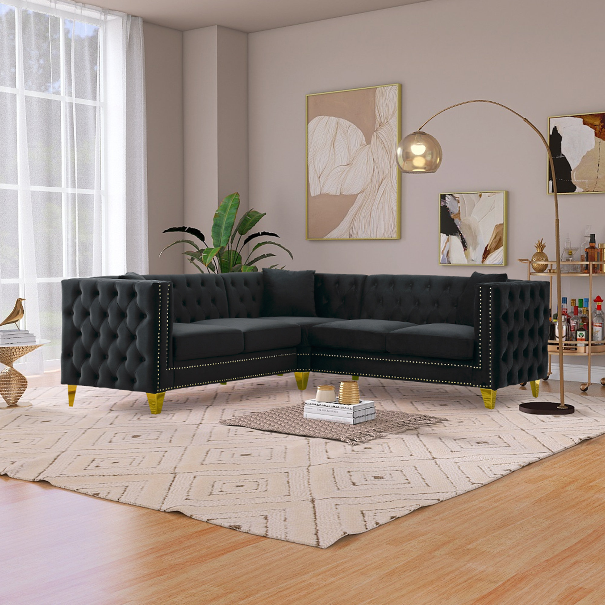 Modular Sofa With Velvet Tufted Back Cushions