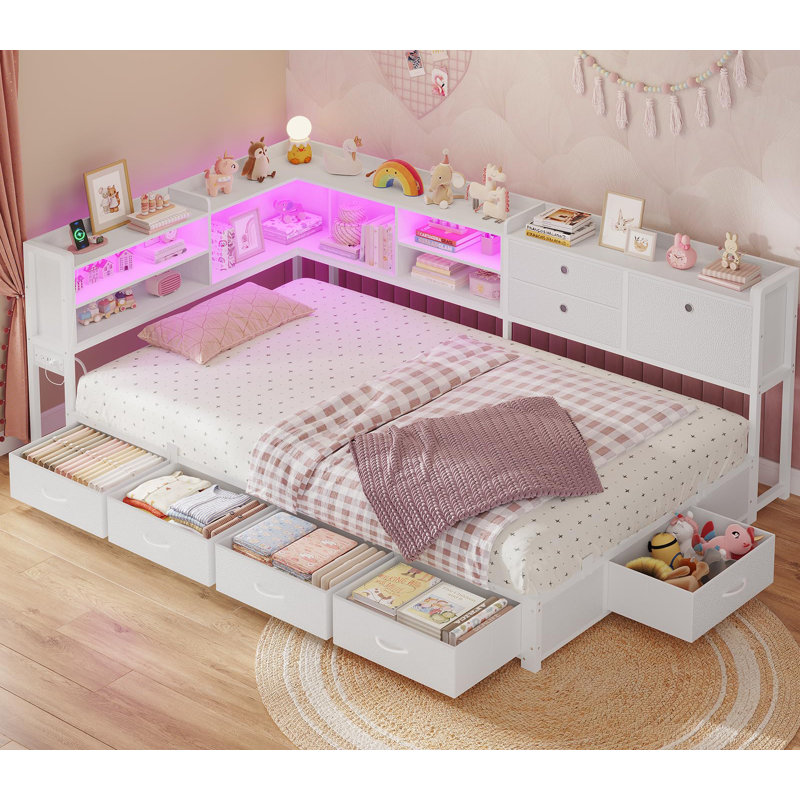 Lit de jour simple avec station de charge, base de lit d'angle avec lumières DEL 8 tiroirs de rangement et bibliothèque, blanc