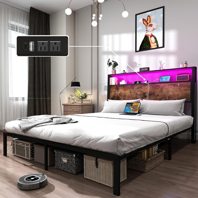 Hugo Modern Platform Bed Frame with 2-Tier Wood Storage Headboard LED Lights and Charging Station, Queen, Rustic Brown