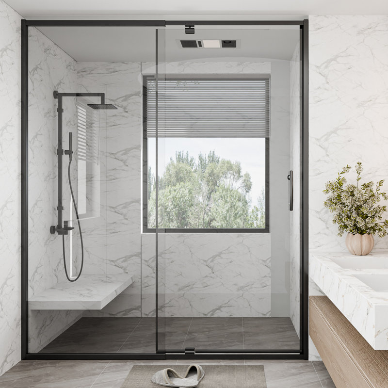 privdr 56"-60"W X 71" H Pivot Swing Semi-Frameless Shower Door with 1/4" Tempered Clear Glass, Matte Black