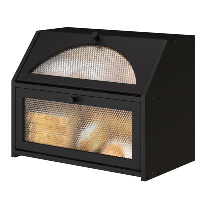 Bread Box, Bamboo Wood Bread Box for Kitchen Counter, Double-layer Bread Storage Bin, Acrylic glass with Diamond Patterns, (Black)