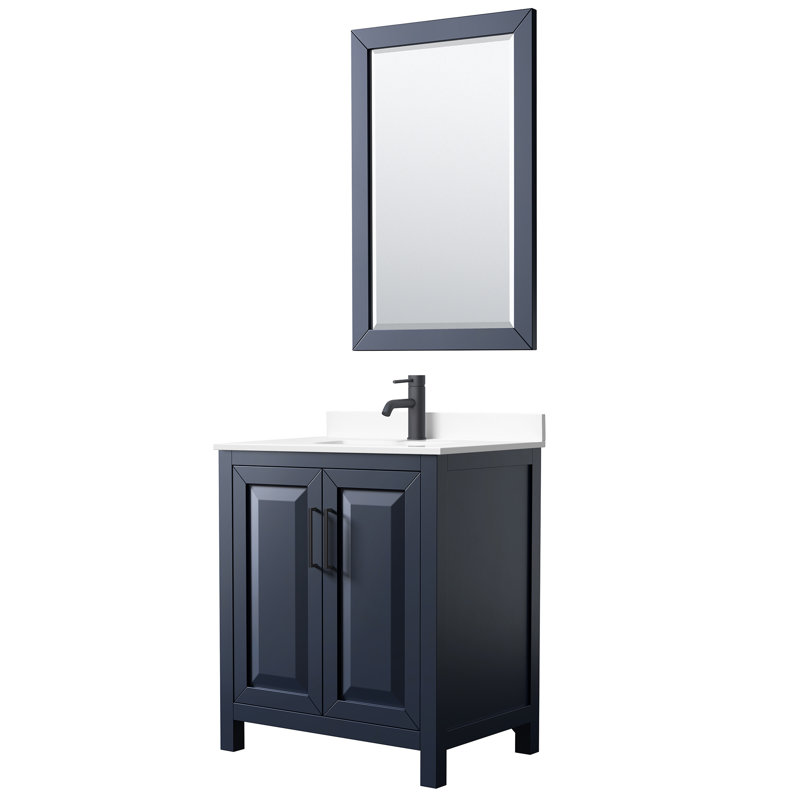 Daria 30'' Single Bathroom Vanity with Marble Top with Mirror, White Cultured Marble, Dark Blue, Brushed Gold