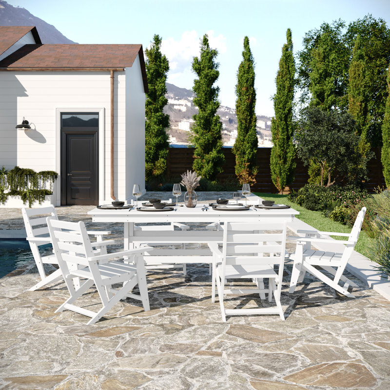 Commercial All Weather Adirondack Table And 6 Chairs With Cupholders, White