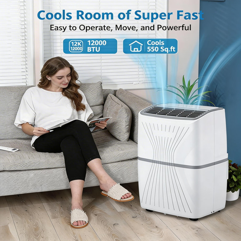 Climatiseur portatif, unité de climatisation portative 5-en-1 de 12 000 BTU, ventilateur froid et télécommande à DEL jusqu'à 550 pieds carrés