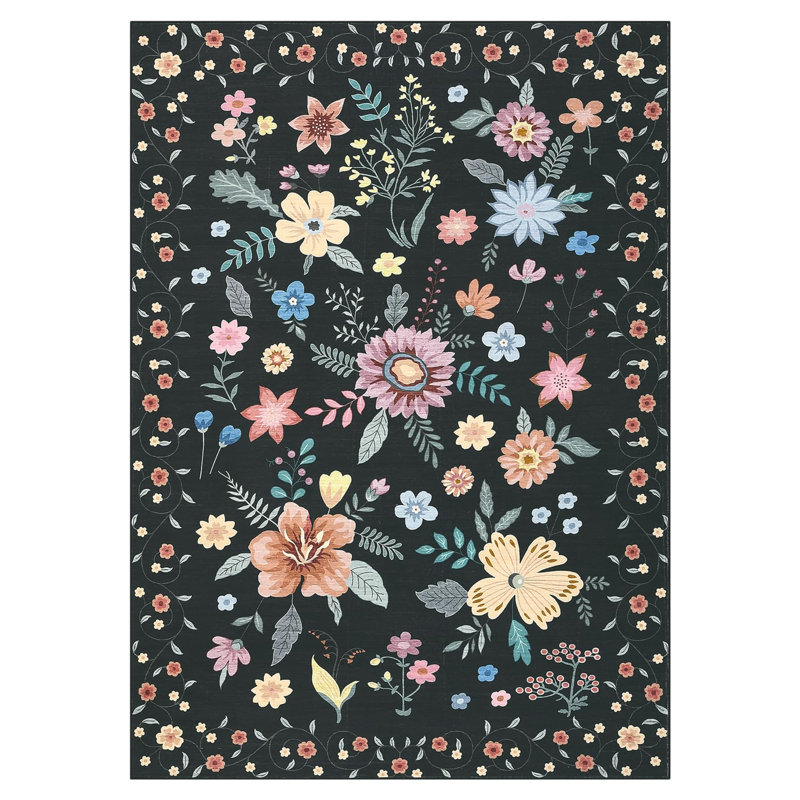 Floral 8x10 Area Rugs for Living Room Boho Flower Carpet Rug Non Slip Washable Bedroom Rug for Nursery Kitchen Dining Decor Black