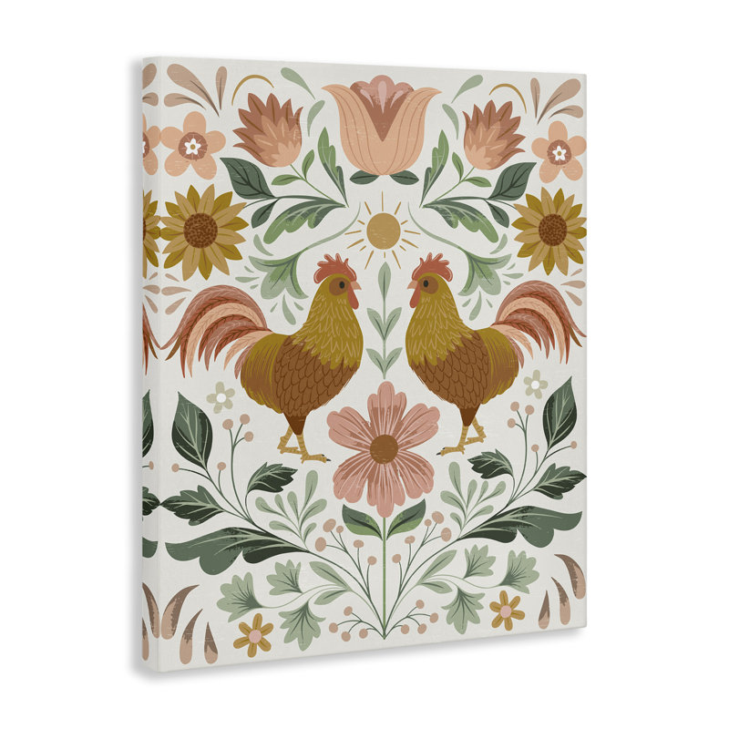 Poule et fleurs, art mural sur toile par Arrolynn Weiderhold, H 40 po x l 30 po