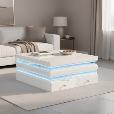 Table basse Lesi, plateau en verre 39 po, 2 tiroirs, blanc glamour à DEL
