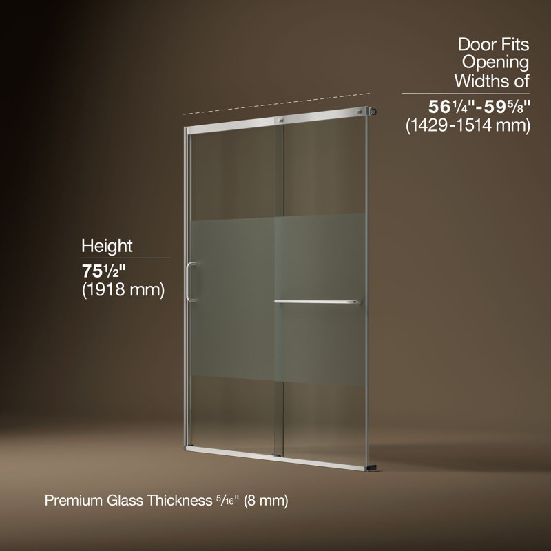 Elate Tall Sliding Shower Door, 75-1/2-In H X 56-1/4 - 59-5/8-In W, With Heavy 5/16-In Thick Crystal Clear Glass With Privacy Band