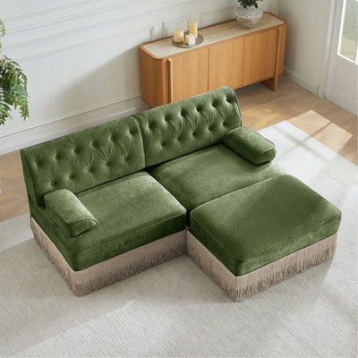 Tissu en velours confortable respirant en forme de L, canapé Chesterfield à jupe de pampille, combinaison libre, accoudoirs carrés légèrement courbés, base en bois de qualité supérieure, facile à assembler, pour le salon, la chambre à coucher