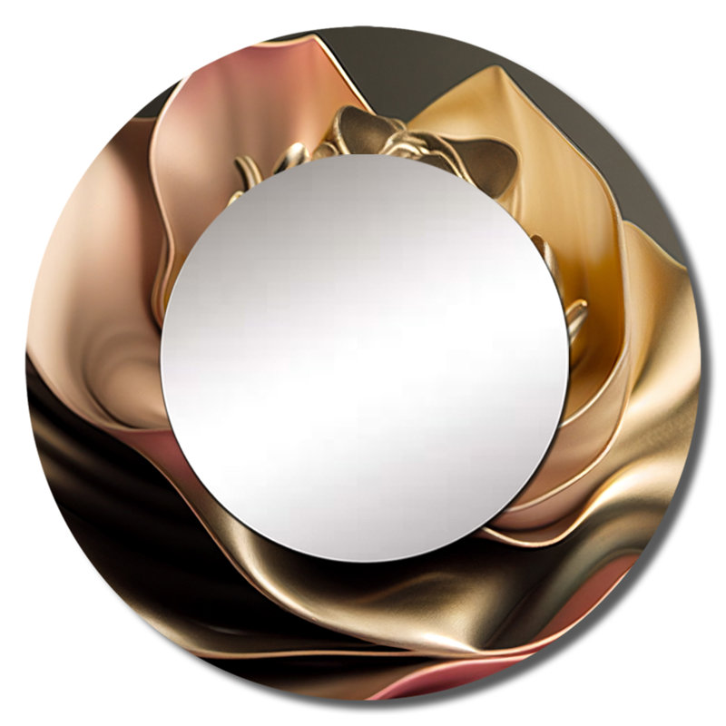 Shardea rétro rétro abstrait rose et fleurs dorées III - miroir mural floral, miroir décoratif rond rose, impression d'art en métal