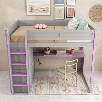 Lit mezzanine double en bois avec bureau, éclairage DEL, ports USB, armoire et étagères