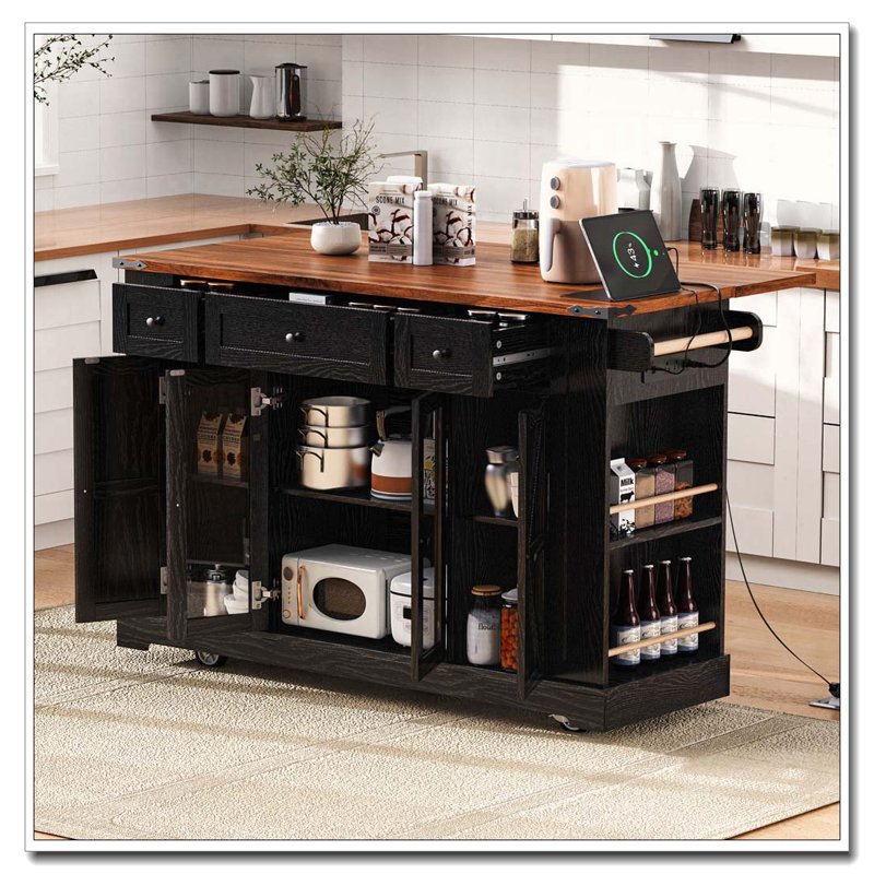 53" Farmhouse Kitchen Island with Tempered Glass Doors and Power Outlet, Black
