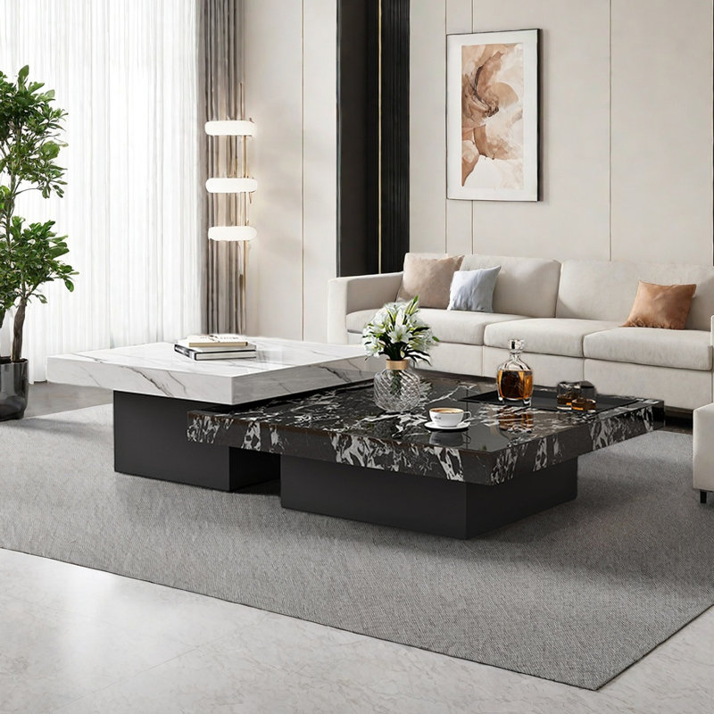Ensemble de tables basses Modern Rock Plate, Noir / Blanc / Gris, H 13,8 po x L 39,4 po x l 39,4 po