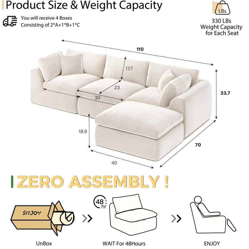 Boneless L-Shape 4-Seat Sectional Sofa With Ottoman, 110" Wide, No-Assembly Cloud-Style Design, High-Density Boneless Compression Foam, White
