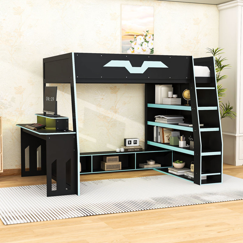 Full Size Loft Bed with Integrated Desk and RGB Lighting,Ladder, Cloud Blue
