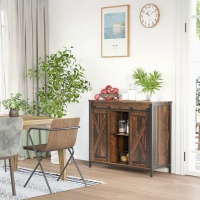Buffet industriel, armoire à café, armoire de cuisine avec portes de grange coulissantes, armoires de rangement et tablettes réglables pour le salon, bar à la maison, brun rustique