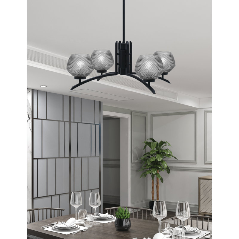 Lustre 4 lumières kurve illustré en finition noir mat avec verre texturé de 6 po, Fumée