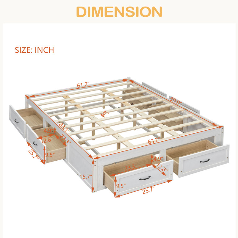 Lit plateforme avec 6 tiroirs de rangement, Blanc antique, Grand lit