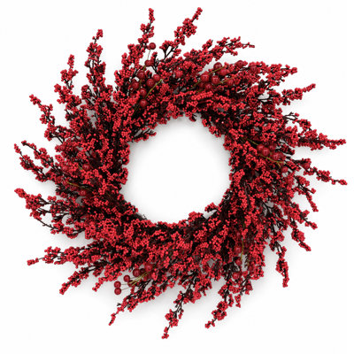 Couronne de Noël artificielle 24 po avec baies rouges - Couronne de Noël pré-décorée Holly Evergreen pour porte d'entrée, fenêtre, mur, manteau de cheminée et porche couvert - 24 po