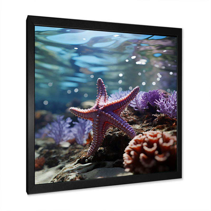 Étoile de mer corail sur la plage, photo 4 - Art mural plage, Cadre flottant doré, H 30 po x l 30 po x P 1,5 po