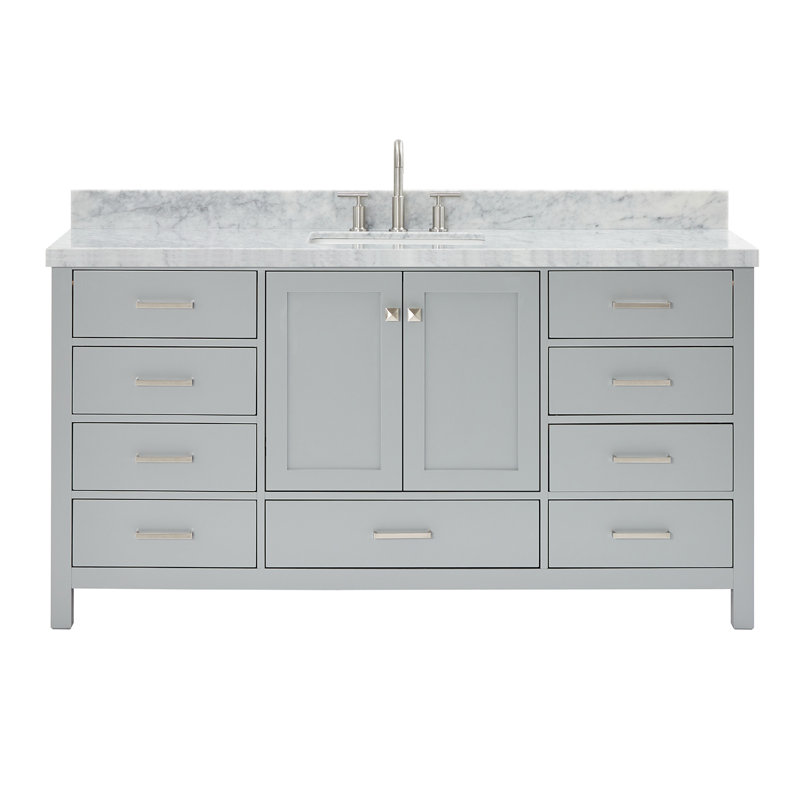 Meuble-lavabo sur pied simple 67 po avec plateau en marbre Cambridge, Rectangular, Gris