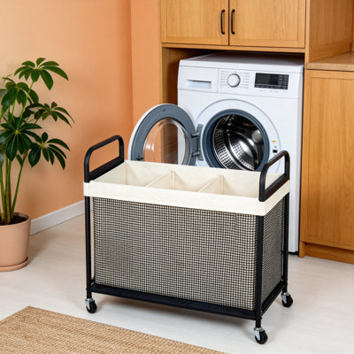 Panier à linge 3 sections, chariot de trieur à roulettes 120L avec sac de doublure amovible et lavable, panier à linge avec roues et poignée en métal (beige)