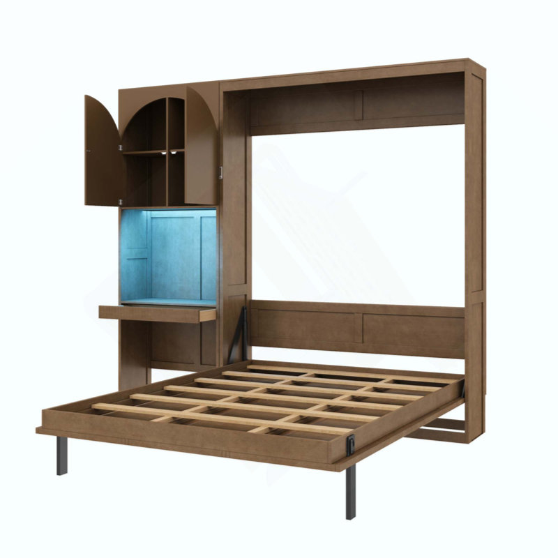 Lit escamotable avec armoire latérale réversible de gauche à droite, lumières DEL, tiroirs et armoires à tablettes de rangement multiples