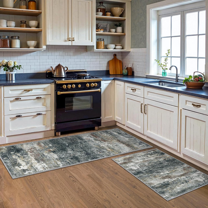 Washable Abstract Kitchen Mat Set of 3, Black/Brown