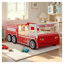 Structure de lit simple pour enfant en forme de camion de pompier blanc et rouge