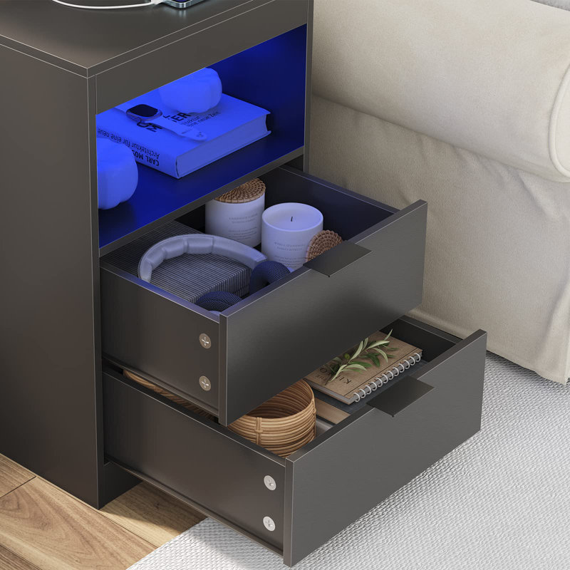 Nightstand With Wireless Charging Station And LED Lights, Bedside Table With 2 Drawers, Open Storage, 1 Pull-Out Tray, End Side Table With Charging Station, LED Night Stand With Storage,(Black)