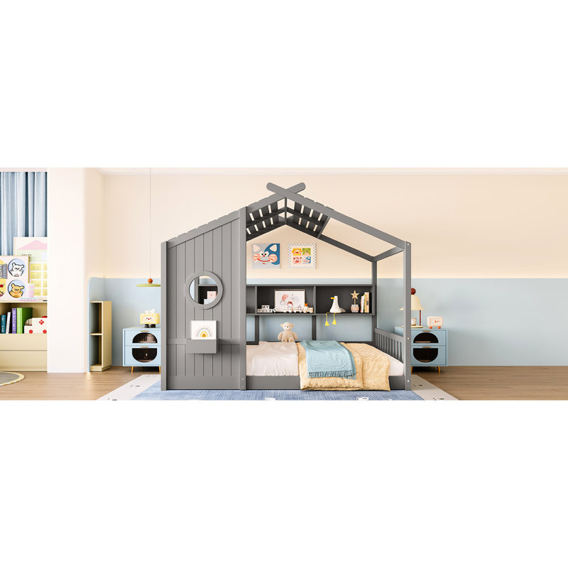 Lit de plancher pour maison avec toit et étagère de rangement pour petites choses grises - hauteur, Lit double