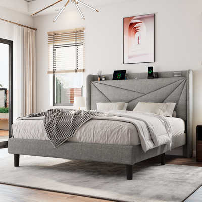 Halence Full Size Upholstered Storage Bed Frame with Wingback Headboard & Charging Station