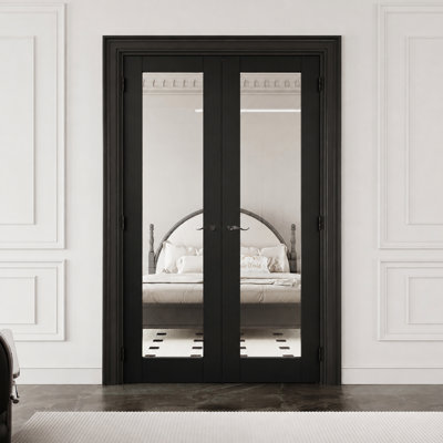 48" x 80" 1-Lite Black Frame & Clear Glass Interior French Door with Black Hinges, Latch & Lock, Privacy Glass Door Slab, Sound-Dampening & Waterproof Solid Core Door, Suit for Laundry, Closet, Pantry, Bathroom Doors, Room Doors