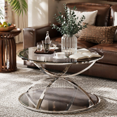 Table basse 31,50 "en verre moderne avec 2 niveaux, cadres en forme d'anneau, structure en métal et verre trempé transparent, table basse ronde pour le salon, la chambre à coucher et le bureau, or