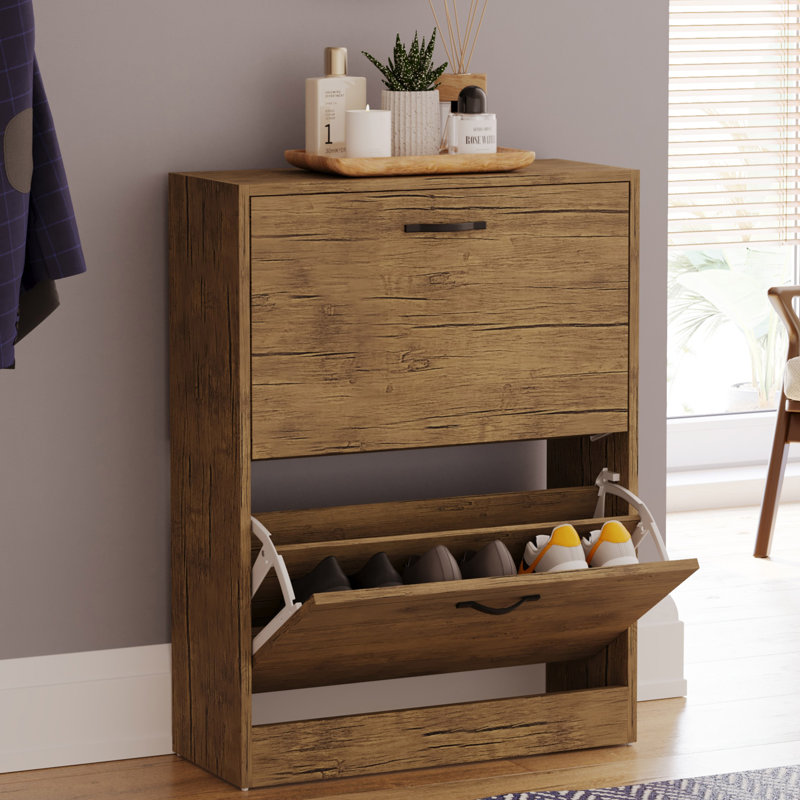 Drawer Flip Down Shoe Storage Free Standing Cabinet For Hallway, 80" H x 60" W x 24" D, Antique Brown