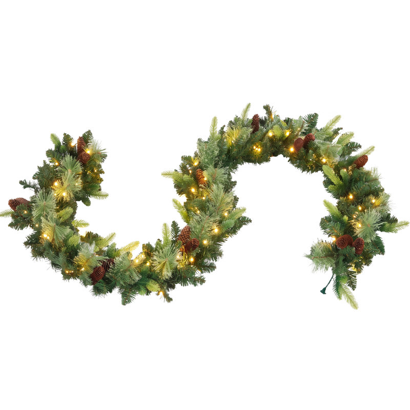 Guirlande de Noël pré-éclairée avec pommes de pin, lumières DEL blanc chaud