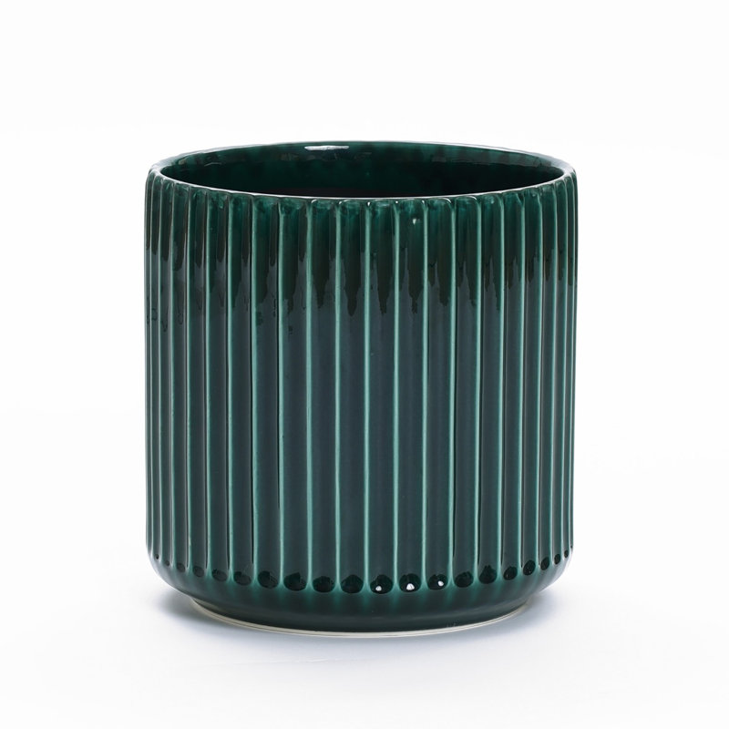Jade Green Ribbed Round Ceramic Planter, 12.99" H x 13.78" W x 13.78" D