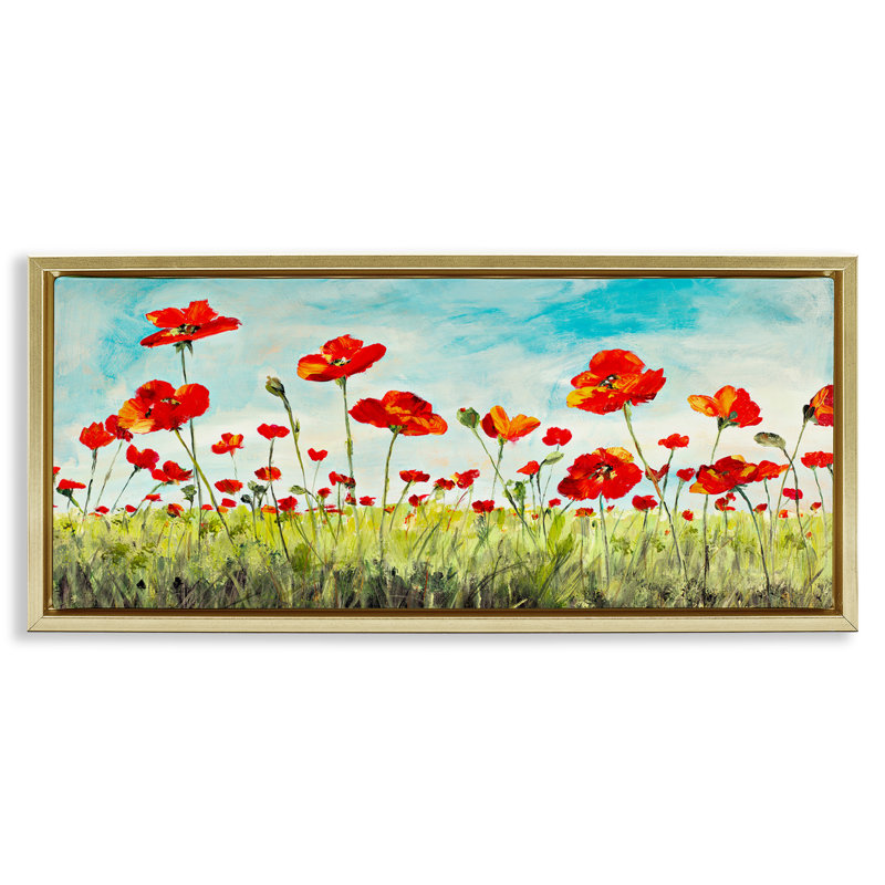 Champ de coquelicots rouge vif, Cadre flottant métallique doré, H 14 po x l 31 po