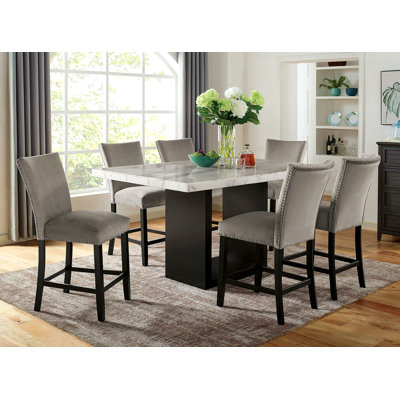 Table de salle à manger en marbre véritable avec chaises hautes 6X et flanelle gris clair